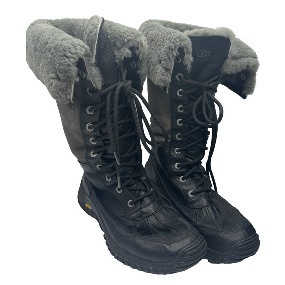 UGG Women’s Adirondack III Black Grey Winter Boot Size US 10 Vibram Lace Sherpa - Picture 1 of 4